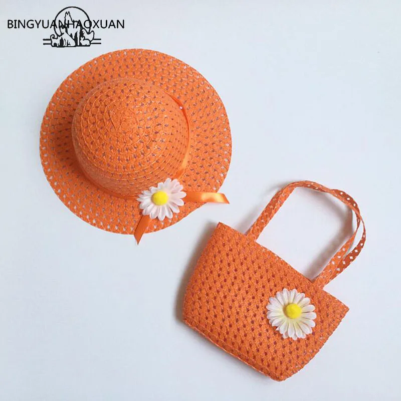 

BINGYUANHAOXUAN Brands 2018 Summer Sun Hat Girls Kids Straw Hat Cap Children Beach Hats Bag Flower Tote Handbag Bags Suit
