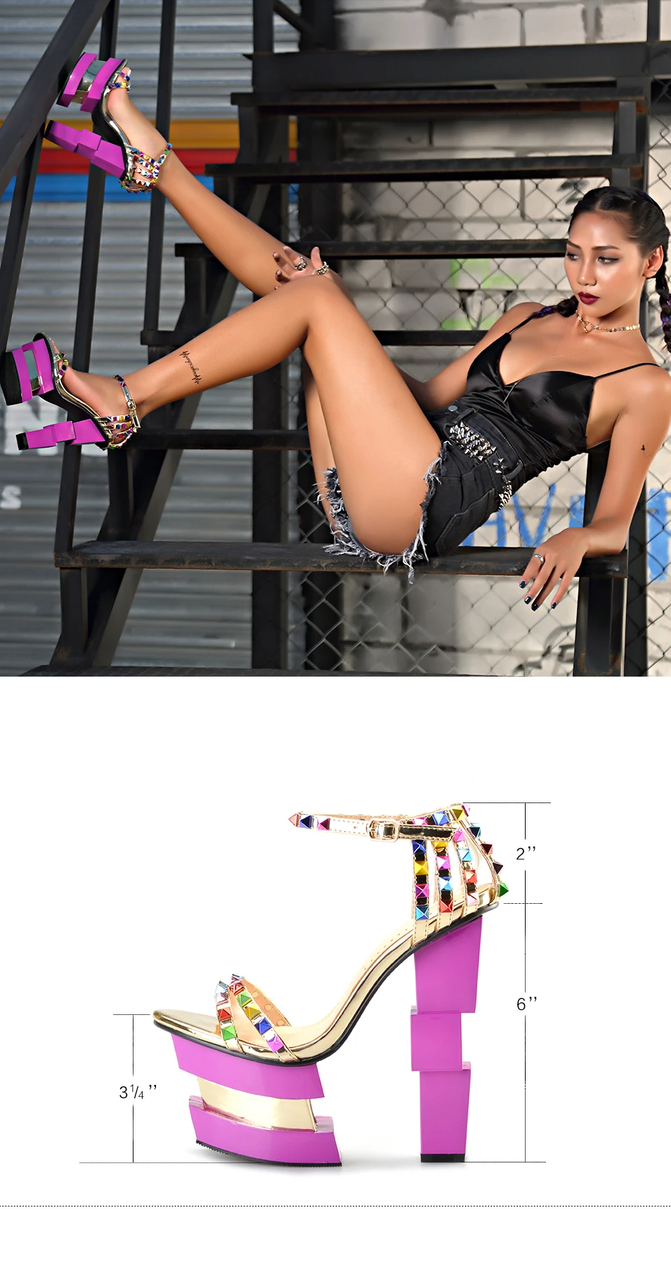Sinsaut/Летняя женская обувь; необычный стиль; Босоножки на платформе и высоком каблуке розового цвета; пикантные босоножки для вечеринок с цветными заклепками и ремешком на щиколотке