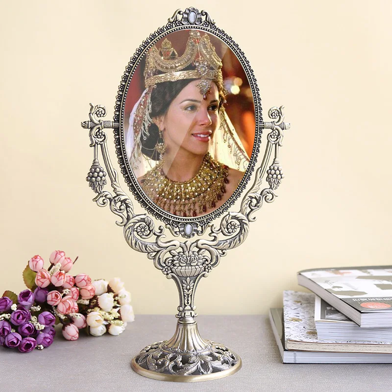 European Vintage Grape Branch with Flowers Design Antique Brass 6x8 inches Double-sided Metal Table Decor Swing Cosmetic Mirror