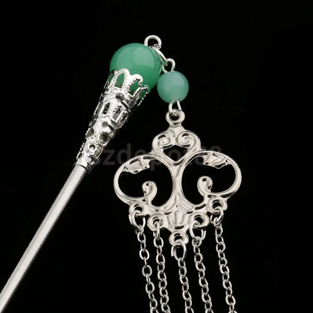 Solid Metal Tasel with Beads Stick Pin Hanfu Dress Ancient Chinese Cosplay Drama Girls Cute Hair Pin