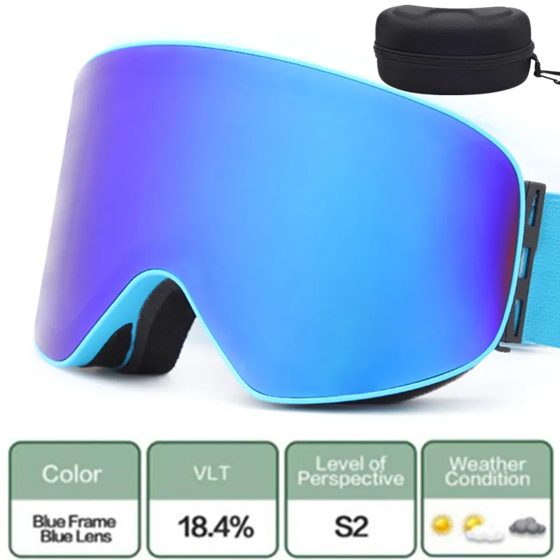 Лыжные очки большого видения цилиндрические двухслойные противотуманные линзы фотохромные UV400 Лыжные маски сноуборд очки с коробкой - Цвет: Синий