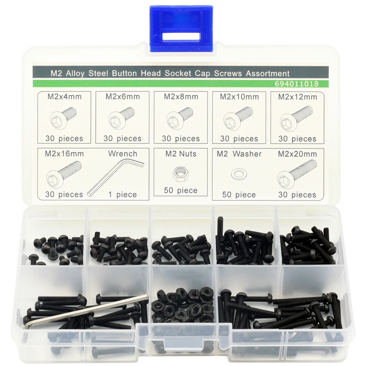 140pc M2 Steel Hex Button Socket Cap Screw Assortment Kit Blackin