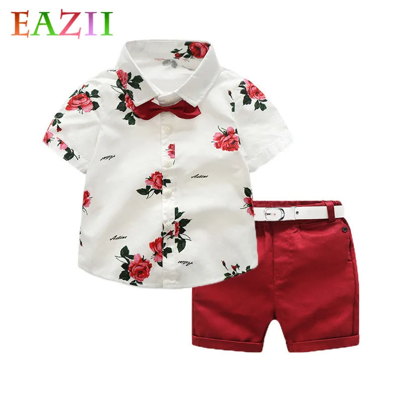

EAZII 2PCS Gentleman Suit With Tie Kids Boy Clothes Flower Tie Shirts+Shorts Summer Boys Clothing Sets Children Clothing Set