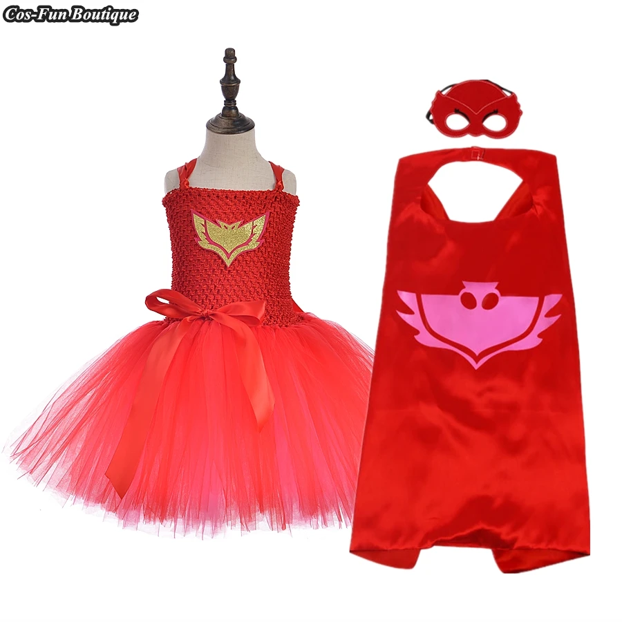 

[Masked LITTLE HERO] [Owl Girl] Cos Tutu Dress Set Hero Costume Kids Princess Fluffy Gauze Dress Red Birthday Party Outfit
