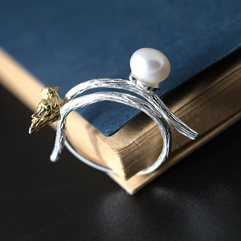 

925 sterling silver original design branch birds pearl openwork rings simple personality design rings for women spring jewelry