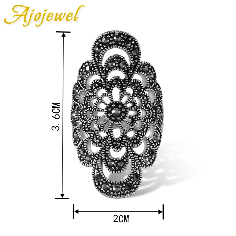 Hollow Flower Female Ring Black Rhinestone Jewelry Accessories