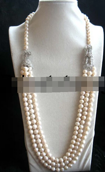 

free shupping 08149 3rows white freshwater pearl round 8-9mm necklace & dragon clasp