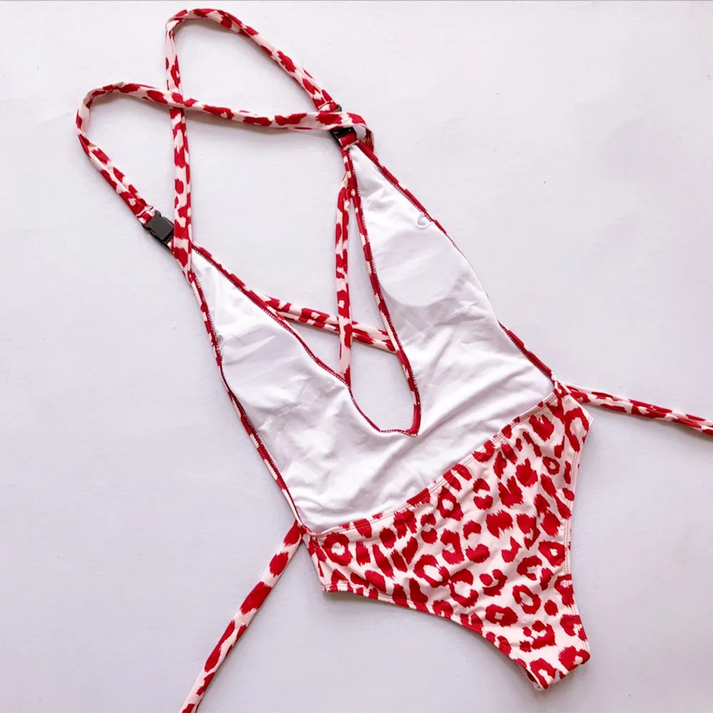 Леопардовый сексуальный цельный купальник женский стринги большой размер Монокини v-образный вырез женский купальник купальный костюм Пляжная одежда