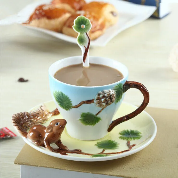 

3D Squirrel Pure Hand-painted Enamel Coffee cups individuality creative Cups Couples of coffee tea cup