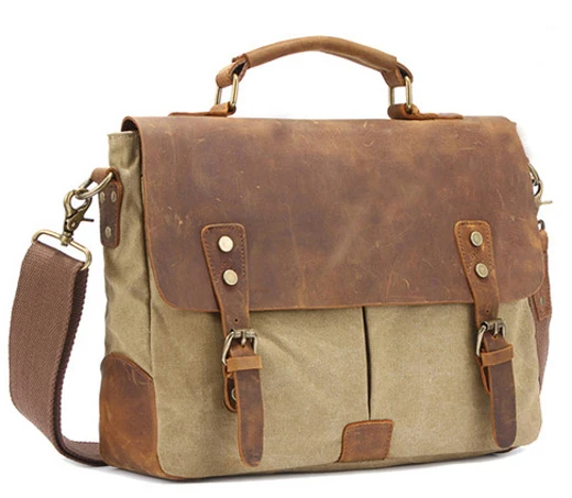 Винтажный военный Холщовый кожаный мужской портфель, деловая сумка, Холщовый портфель, мужская сумка через плечо, сумка через плечо - Цвет: Khaki