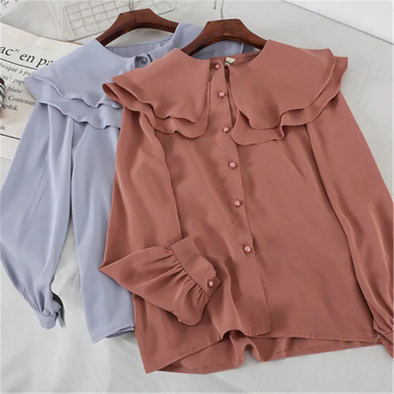 

Women Blouses 2019 New Spring Fashion Long Sleeve Peter Pan Collar Blouse Solid Women Tops Shirts Loose Clothing Blusas PZ1506