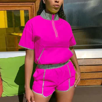 

2019 Reflective Neon Two Piece Set Women Tracksuits Patchwork Crop Top And Shorts Set Sexy Club Outfits Matching Sets