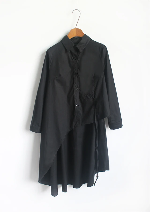 Асимметрия, Корейская стильная Асимметричная длинная рубашка, блузка, модная, свободная, с подолом, облегающая, одноцветная, женские блузы Tops - Цвет: black