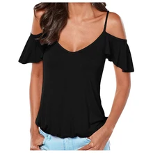 

Women's New Fashion Summer Beach T Shirt Casual Stretch V Neck Short Sleeves Off Shoulder Tops Tee Shirt