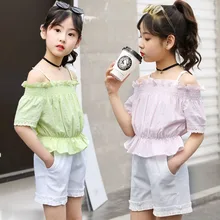 girls clothes Girls summer new suit word shoulder off shoulder short sleeve shirt side pocket casual shorts girls suit new dew shoulder design clothes the horn sleeve beautiful stripe girls blouses