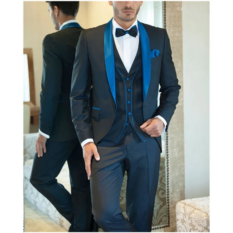 

2019 Italian Mens Suits Blue Wedding Tuxedos Jacket+Pants+Vest Groom Tuxedos Men's Wedding Suit costume homme Prom Party Suits