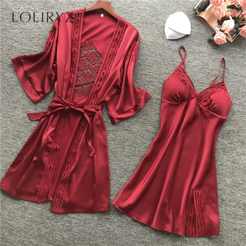 

Newest Ice Silk Women Sexy Nightdress Set Vintage Cutout Pajamas Deep V-neck Sleepwear Kit Nightwear Underwear Home Suit 2Pcs