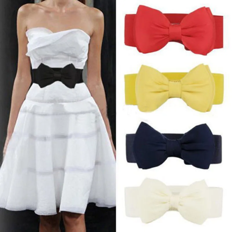 

2019 Summer Elegant Sweet Big Bow Waistband Elastic Wide Dress Stretch New Designer Belts for Women Vintage Girls Cinch Belt