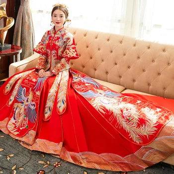 

Noble Elegant Chinese Women Qipao High Quality Wedding Party Bride Trailing Dress Gown Embroidery Phoenix Cheongsam Suit