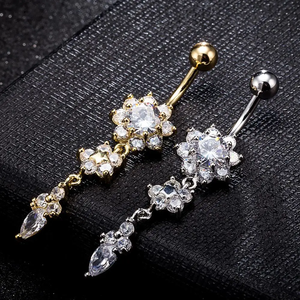 

Crystal Flower Dangle Zircon Belly Button Ring Sexy Bars Belly Button Gold Silver Rings Belly Piercing Body Piercing Jewelry