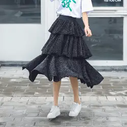 2018 Новый Для женщин Длинная юбка тонкий Высокая Талия тысяч Слои торт яркие шелковые юбки черный 8003