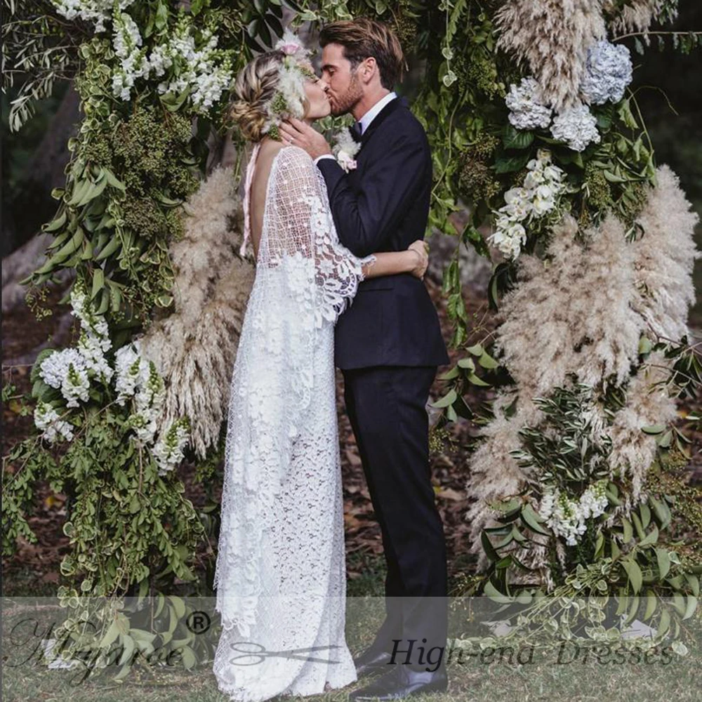 Mryarce New Unique French Lace Bohemian Wedding Dresses Open Back Front Slit Boho Chic Bridal Gowns With Cape  (6)