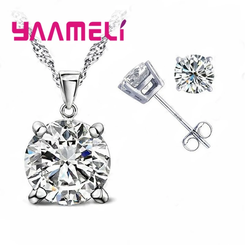 925 серлинг серебро прозрачный кубический цирконий ожерелье кулон серьги для женщин Большой Круглый Кристалл Ювелирные наборы