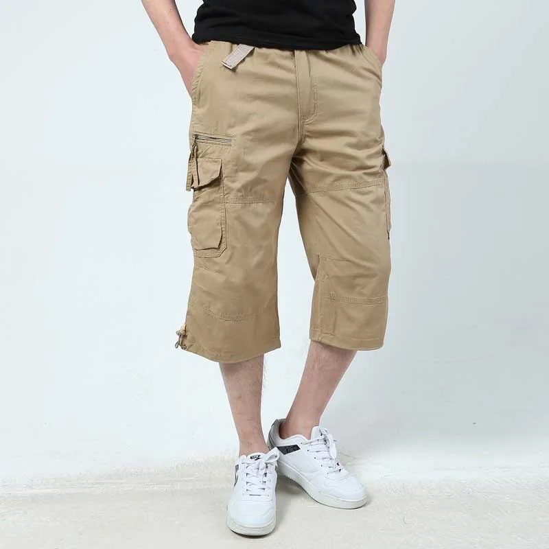 Летние мужские шорты-карго, армейские, большие размеры, Капри 4XL 5XL, мужские длинные мешковатые шорты армейского зеленого цвета, темно-зеленые