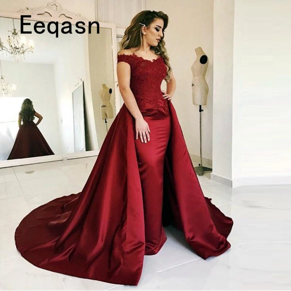 ^Cheap Robe De Soiree Moslim Prom Jurk Islamitische Dubai Kaftan Saudi Arabische Bourgondië Lange Avondjurk met Afneembare Train 2019