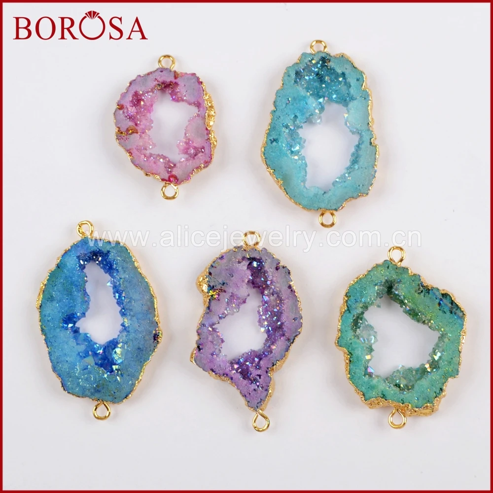 

BOROSA 10PCS Gold Color Fashion Dyed Rainbow Druzy In Titanium AB Color Connector Double Bails Drusy Jewelry for Necklace G1525