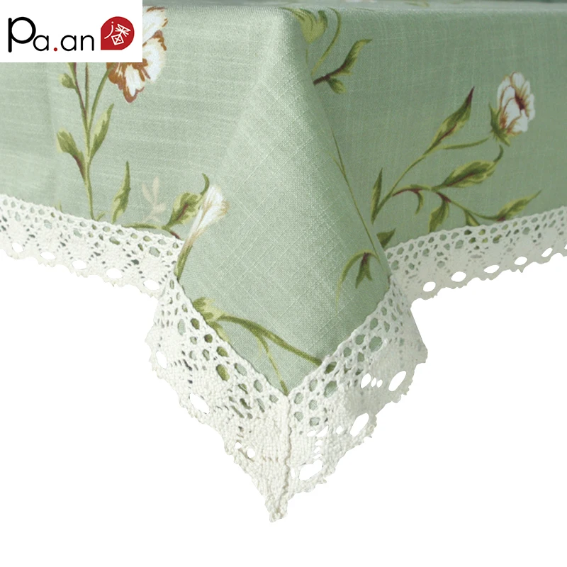

New Summer Rectangle Table Cloth Polyester Green Floral Printed Thick Cover Lace Edge Dust Proof Home Wedding Party Table Supply