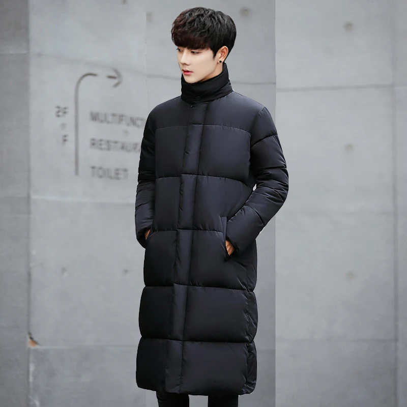 Зимняя мужская куртка размера плюс 5XL, Длинные парки, брендовая одежда, хлопковое пальто, однотонное черное пальто с воротником-стойкой, толстое теплое Мужское пальто