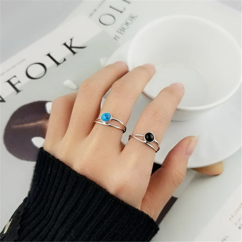 Женское Винтажное кольцо из 925 пробы серебра с натуральным драгоценным камнем, черный оникс, агат, голубой бирюзовый драгоценный камень S925, простое Ретро Открытое кольцо OL