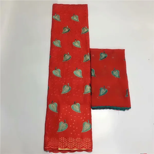 

Excellent red with leaves embroidery African cotton lace fabric and 2y Swiss voile lace material CCV9(5+2y)