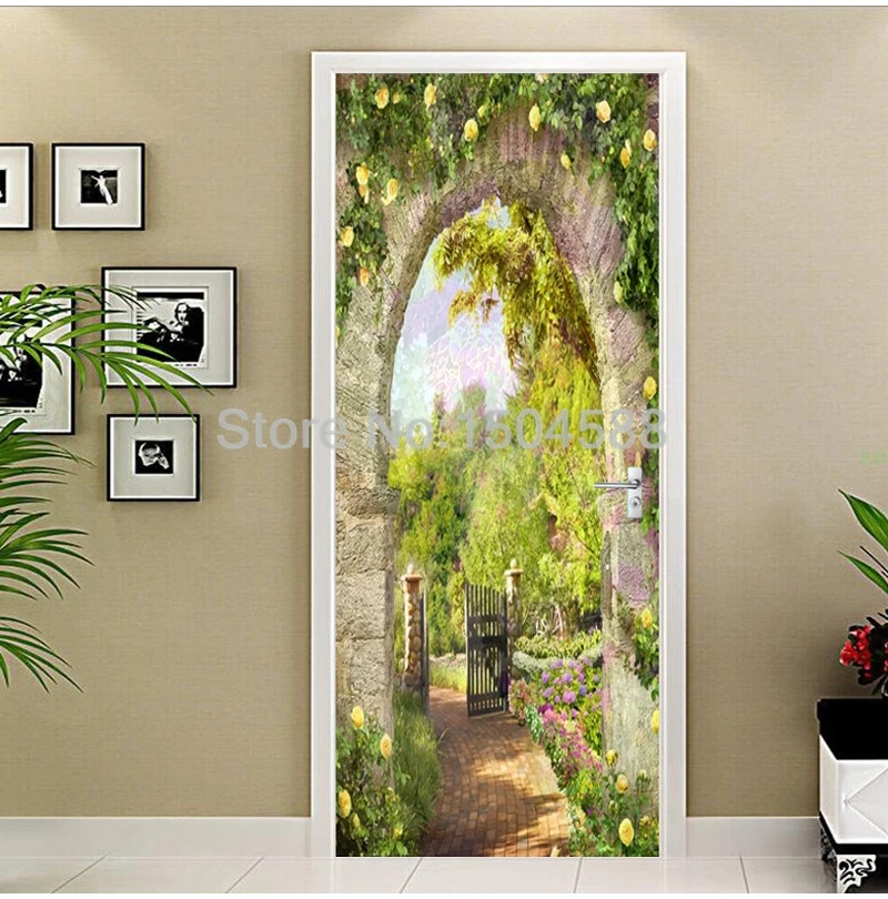 European Style Stone Pillar Garden View Door Sticker Living Room