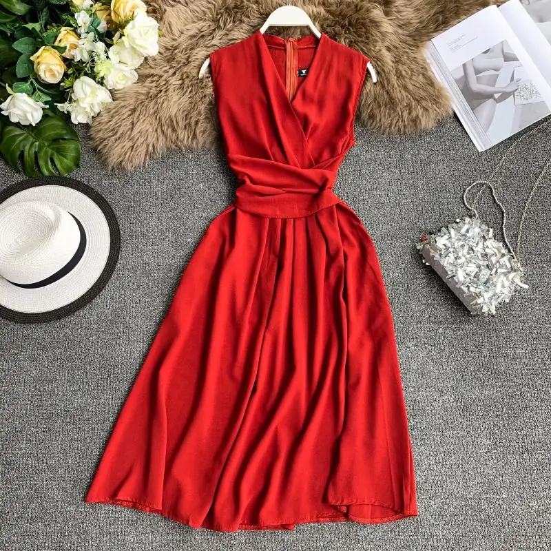 

FMFSSOM Women Slim Dress 2019 New Summer Female V Neck Sleeveless High Waist Casual Fairy Dresses