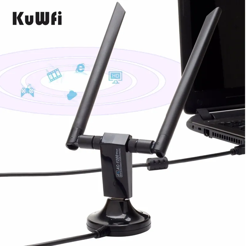 Продажа KuWfi 1200 Мбит с Беспроводная сетевая font b USB b font карта USB3.0 Двухдиапазонный 2,4 ГБ и 5,8 Г Wi Fi приемник и беспроводной адаптер для ПК с 2шт антеннами