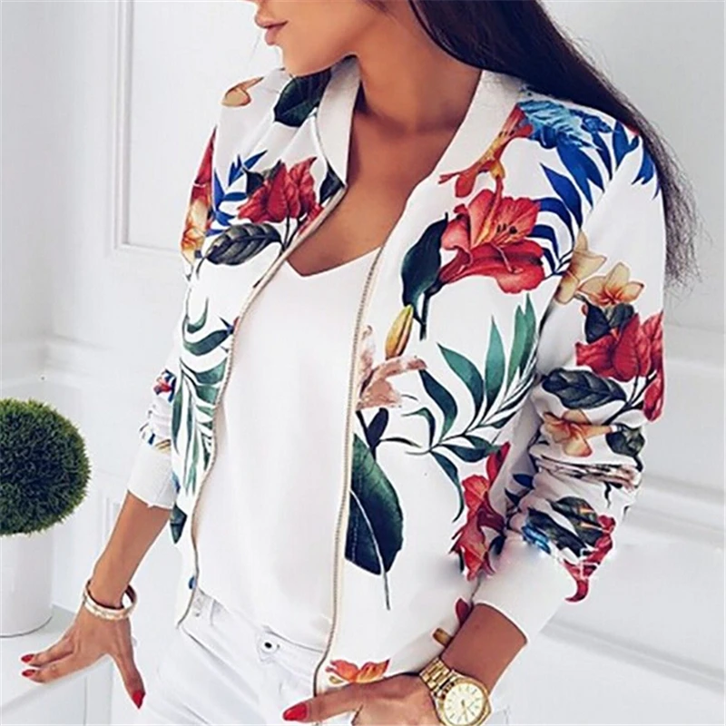 

Newest Fashion Women's Jackets Bomber Floral Printing Jacket Ladies O-Neck Zipper Coat Long Sleeve Outwear Coat Women Costume