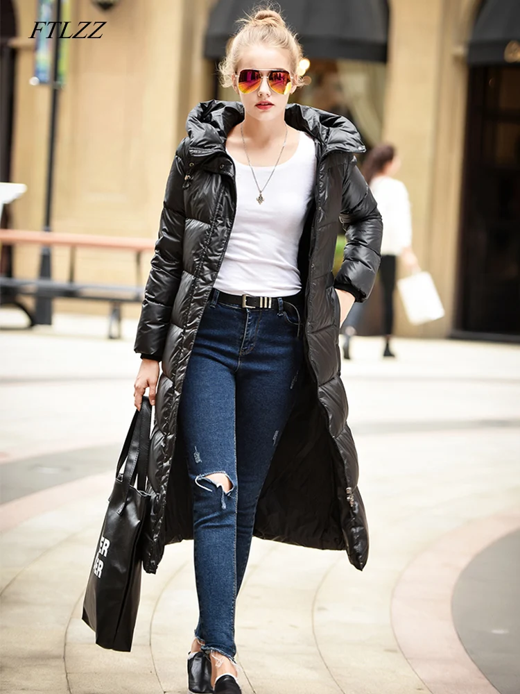 

FTLZZ 2019 Winter Women 90% White Duck Down Jackets Parkas Black Down Jacket Women Hooded Coats Long Warm Casual Snow Outwear