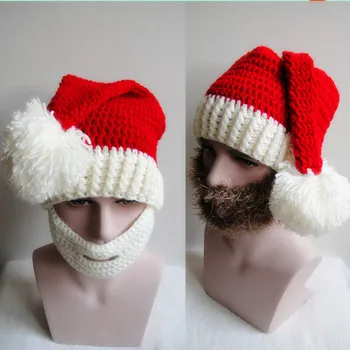 

Christmas Adult Knitting Wool Bomber Hats Cospay Props Winter Warm Women Men Earflap Cap Unisex Santa Claus Hat With Beard