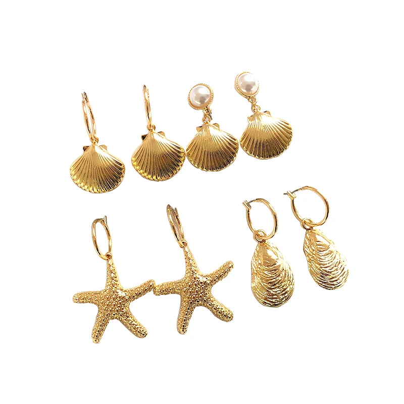 

2019 Bohemian Metal Starfish Conch Shell Statement Dangle Drop Earrings for Woman Fashion Summer Beach Jewelry Party Gift