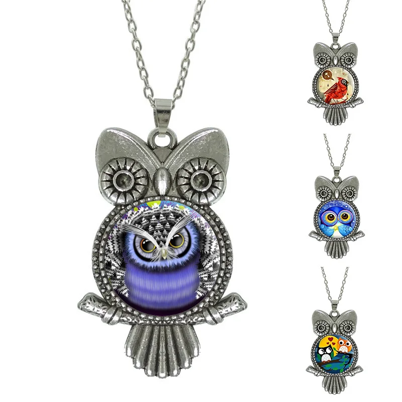 

Glass Cabochon Pendant Necklace Owl picture Fashion Jewelry Statement Silver chain necklace for women men gift