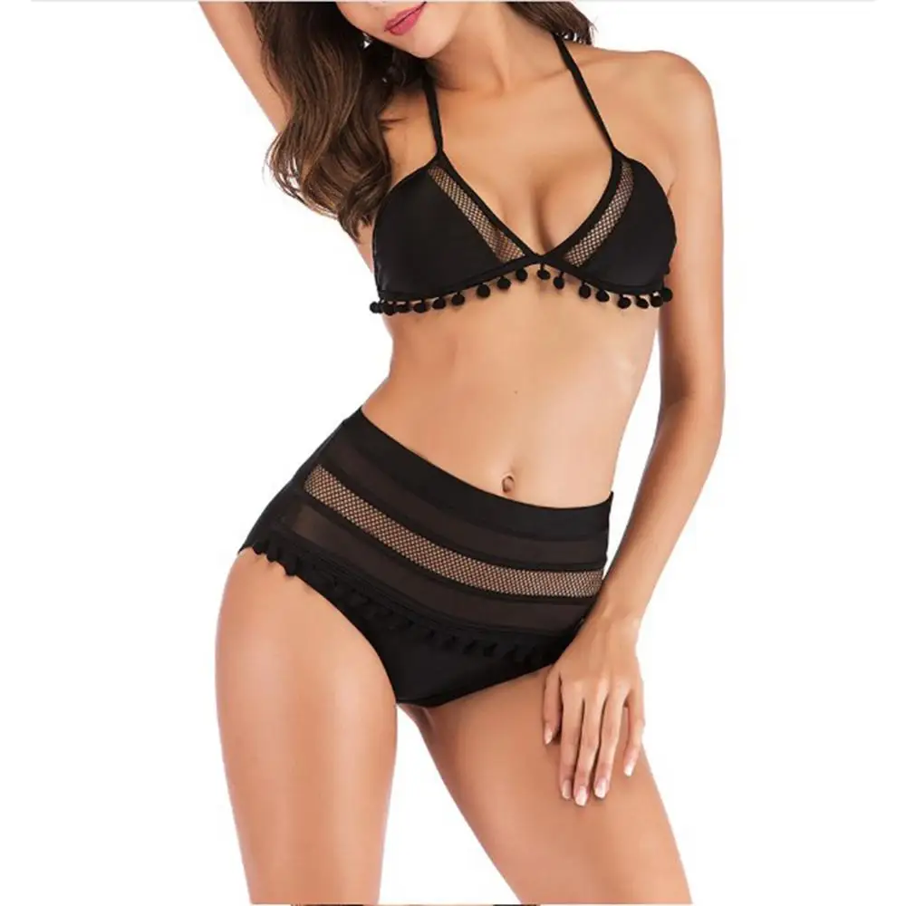 

Women Bikini Swinsuit Halter Retro Mesh Hollow Out String Biquini Bathing Suit Female Swimsuit High Waist Swimwear