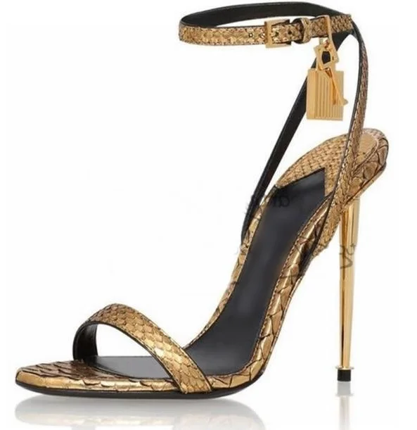 

New Colors Gold Snake Print Leather Ladies Sandals Ankle Strap Python Gold Lock Women Sandals Cut-out Metal Heels Dress Shoes