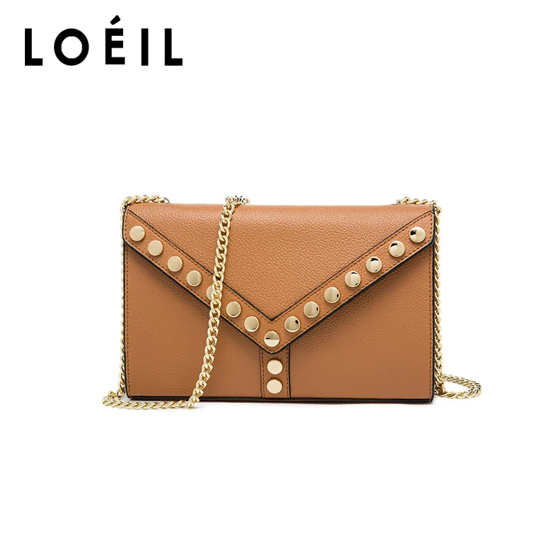 

LOEIL 2018 new leather Y stud chain female bag small round nail decorative leather dinner single shoulder Messenger bag