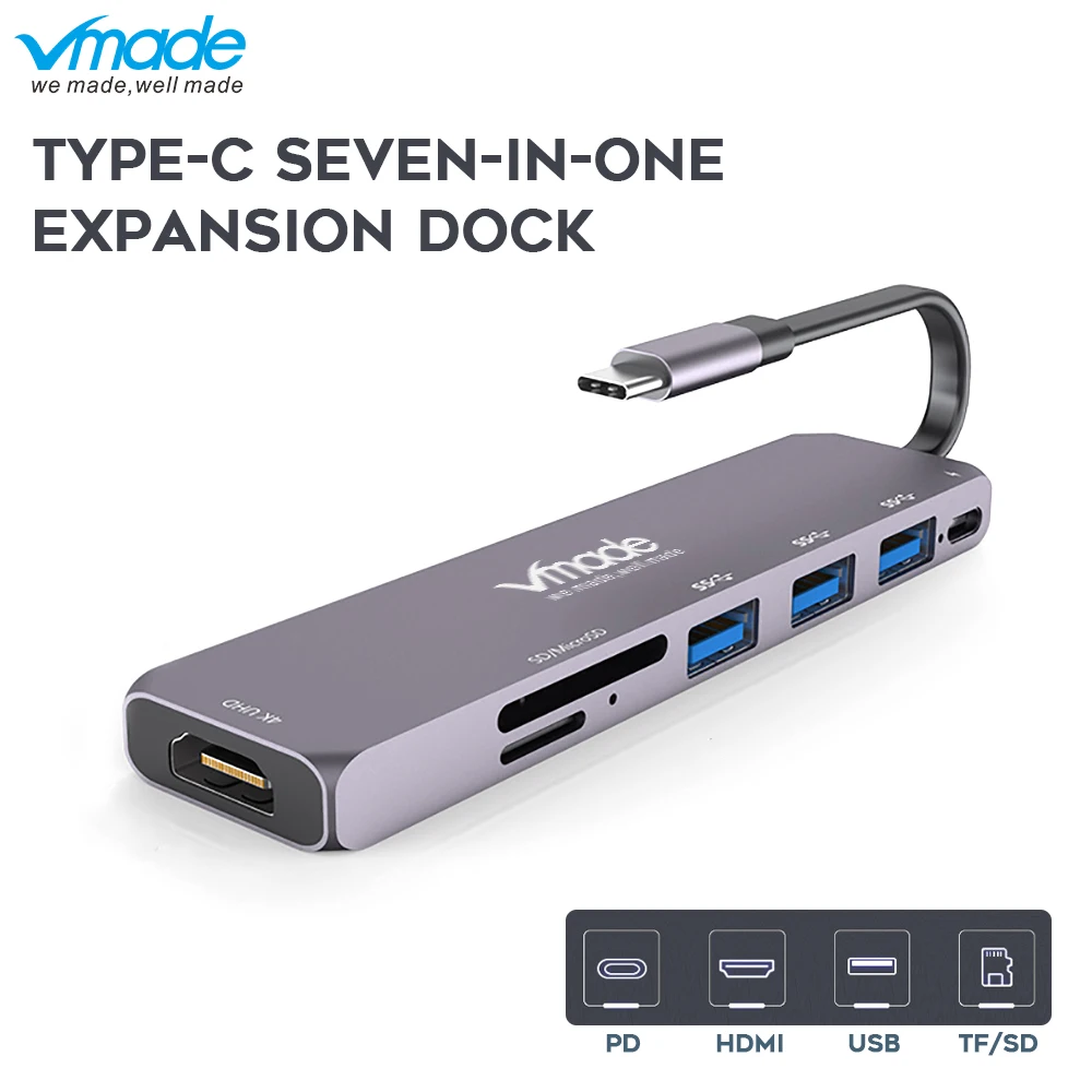 Vmade 7 в 1 type-C концентратор USB 3,0 Dual-type C для Macbook Pro USB-C адаптер с HDMI 4 K видео PD чтение SD/TF 3,0 карта USB порт