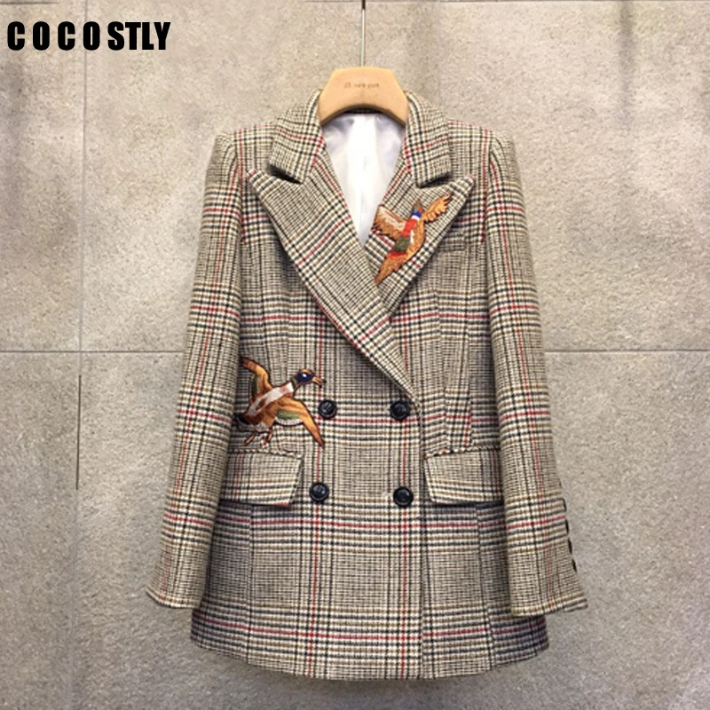 

Blazer Women Vintage Double Breasted Office Plaid Blazer Long Sleeve Houndstooth Embroidery Suit Jacket Women blazers 2019