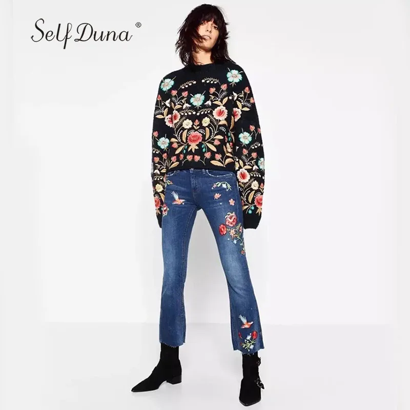 Femmes Automne Fleur Hiver Black Tricots Broderie Jumper Pulls Duna Tricoté Brodé Floral Vintage Noir Chandail 2019 Auto qPtOEO