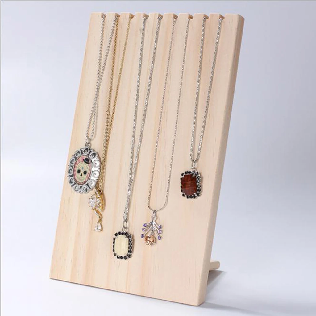  Retro Wood Necklace Display Stand Wooden Jewelry Organizer Shows Retail Shelf 9 Hooks 24.5 x 15cm
