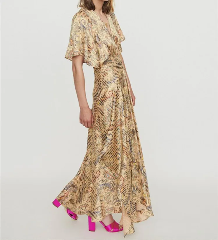 

Chic Vintage Print Asymmetrical V Neck Dress Women Fashion Batwing Sleeve Ankle Length Dress Summer